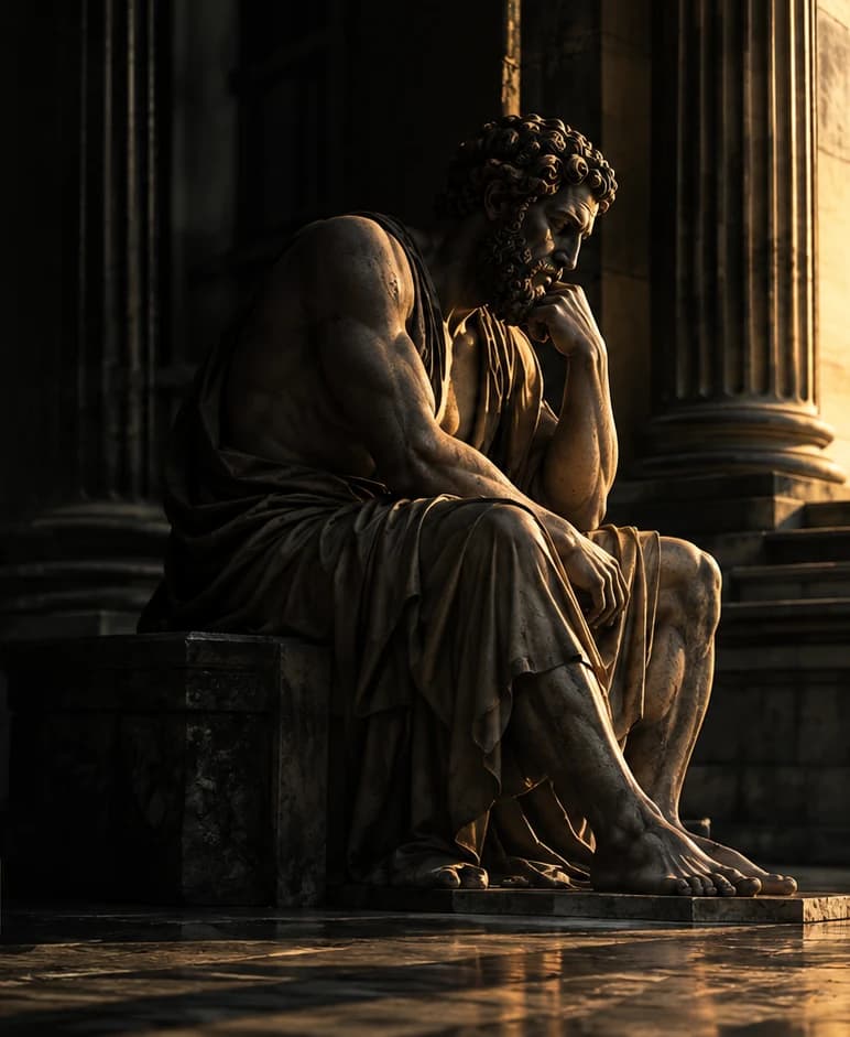 Statua di un filosofo stoico in meditazione